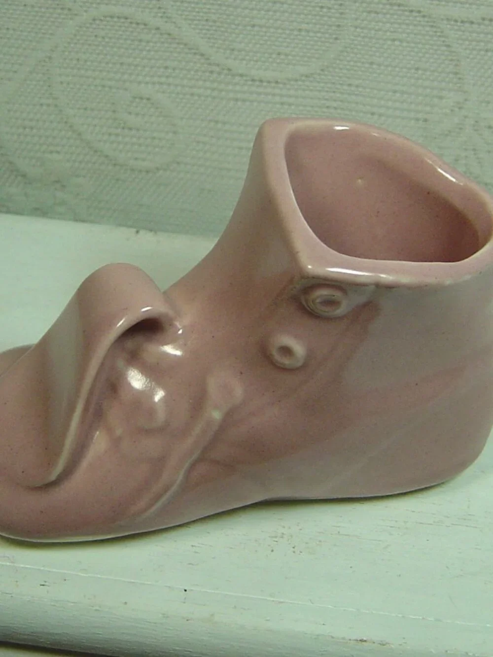 Vintage pink baby shoe planter/vase